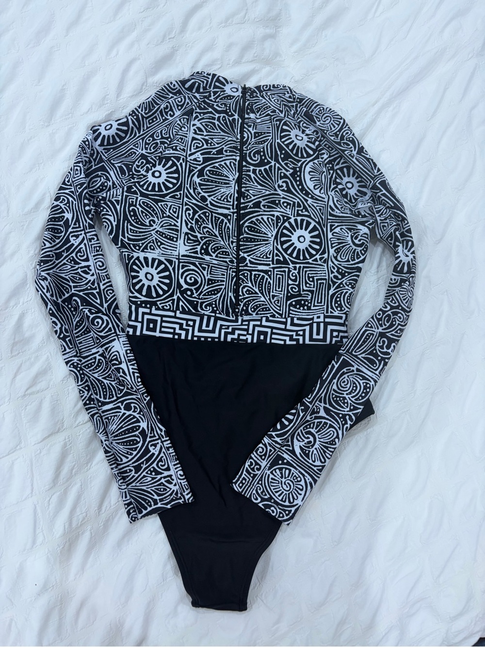 Black & White Long Sleeve Patterned One-Piece Swimsuit